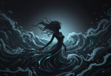 Eine Frau erhebt sich aus den dunklen, stürmischen Wellen.